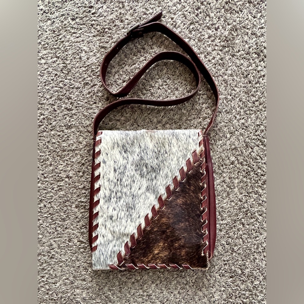 Leather Crossbody Bag with Two-Tone Cowhide Panel - Brown/Gray